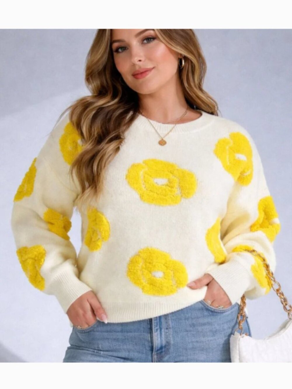 Flirla Cream & Yellow Textured Floral Sweater – Size 1X